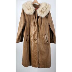 Vintage Leather Fur Trench Coat Brown